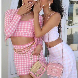 NWT LoveShackFancy Bridgette Checkered Knit Cardigan XSmall Pink Pearl Plaid